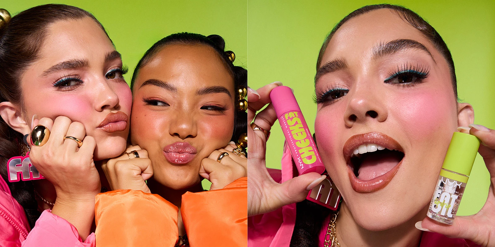 Multiple beauty shots showing glamorous makeup looks with pink lip gloss products against a bright lime green background