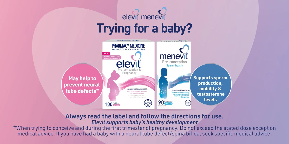 Elevit prenatal vitamin product packaging shown with enhanced Vitamin D formula, on pink background with product benefits listed