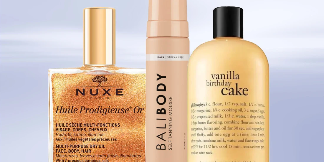 Three beauty products: Nuxe gold shimmer oil, Bali Body tanning mousse, and vanilla birthday cake body wash on light background