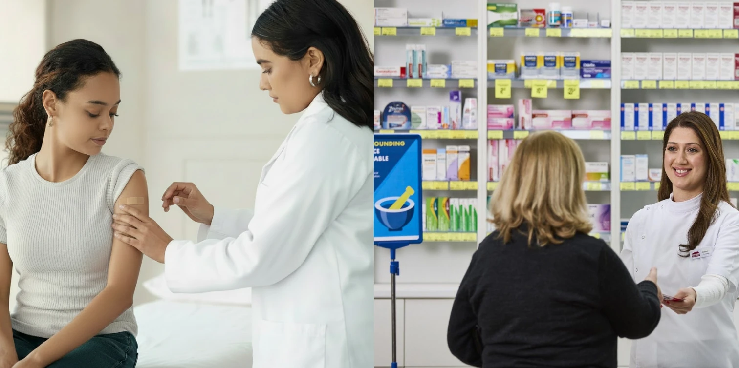 A doctor applies a bandage to a patient's arm after a vaccine. A pharmacist hands medication to a customer at a pharmacy counter.