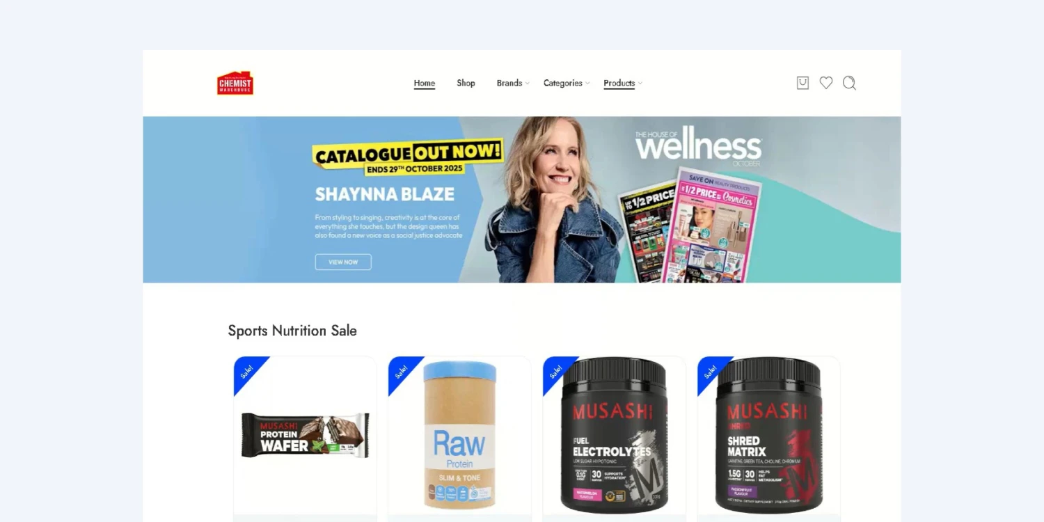 Fake Chemist Warehouse website showing a wellness catalogue banner with Shaynna Blaze and a sports nutrition sale with protein supplements on sale.