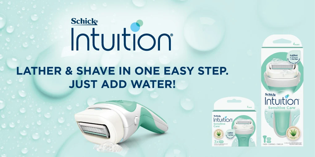 Schick Intuition razor and refill cartridges on mint green background with water droplets. Text promotes one-step lather and shave feature.