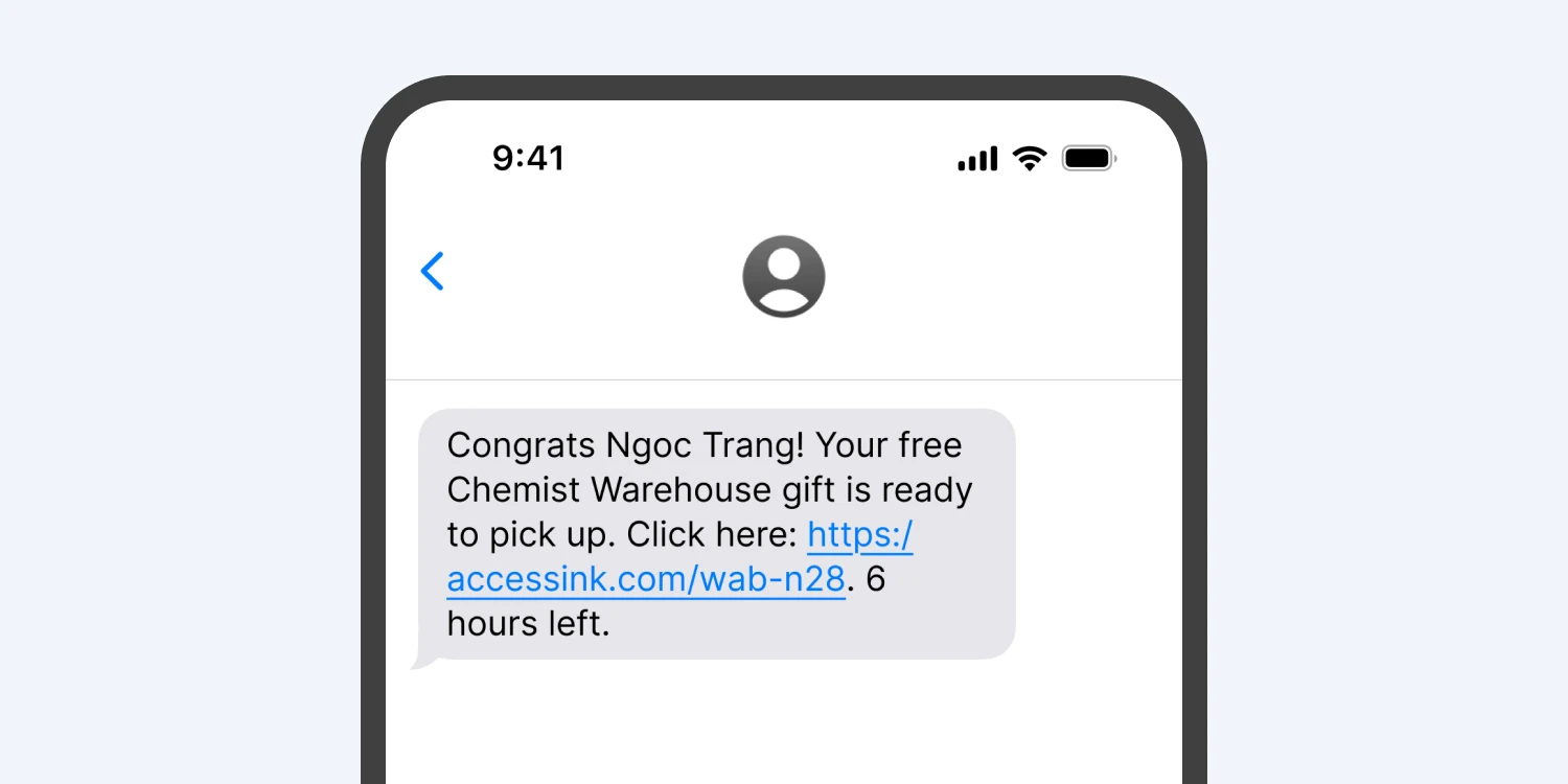 A phone mockup with an example of the SMS scam