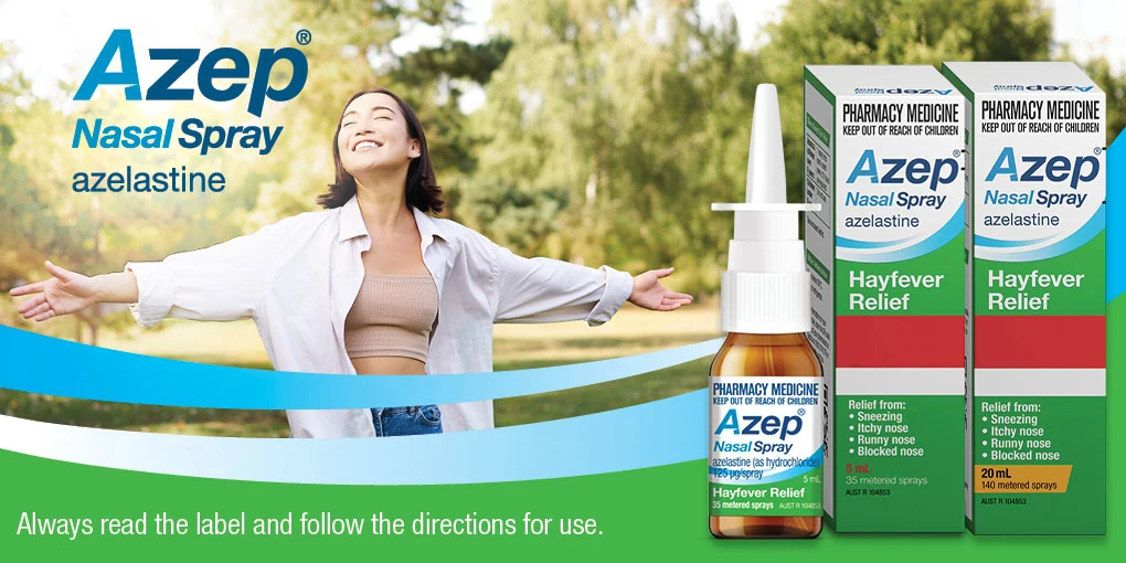 Azeo nasel spray. Hayfever relief. Always read the label and follow the directions for use.