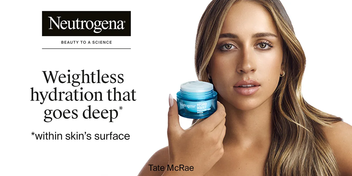 Weightless hydration that goes deep. Within skin's surface. Tate McRae hold Neutrogena HydroBoost