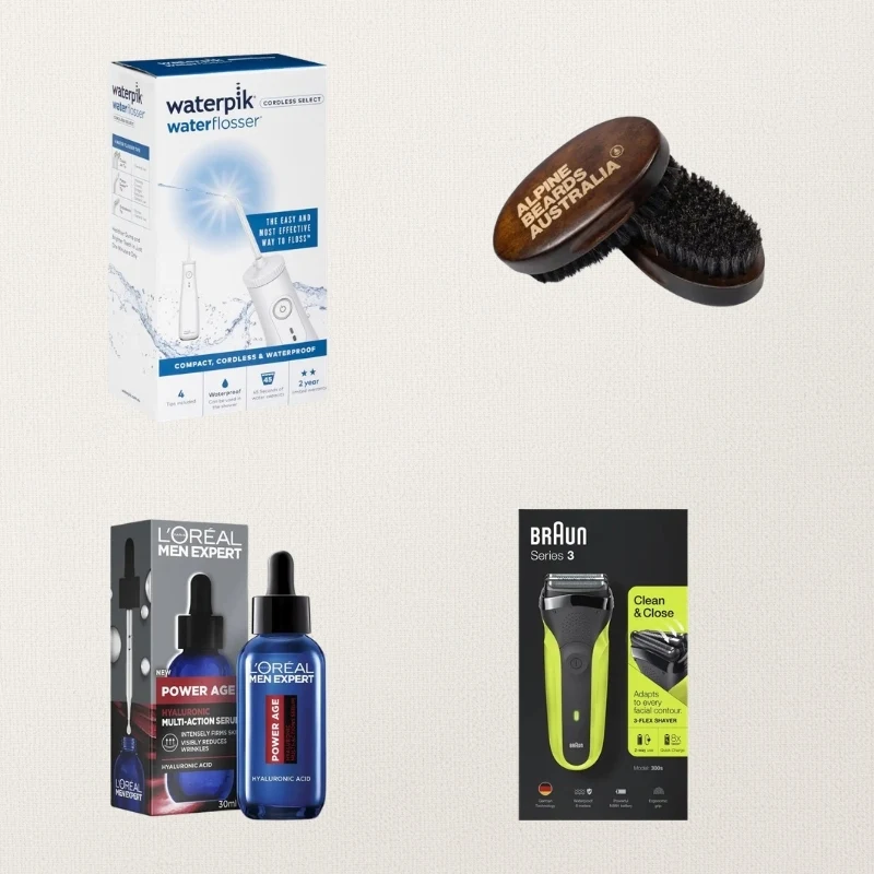 Four men's grooming products: Waterpik flosser, Alpine Beards Australia brush, L'Oreal Men Expert serum, and Braun Series 3 shaver.