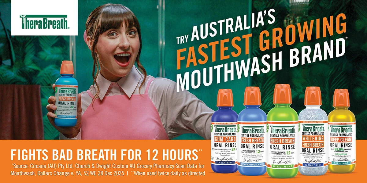 Six TheraBreath oral rinse bottles in different colors showcasing the new product range with text "It's Swishy Time" on orange background