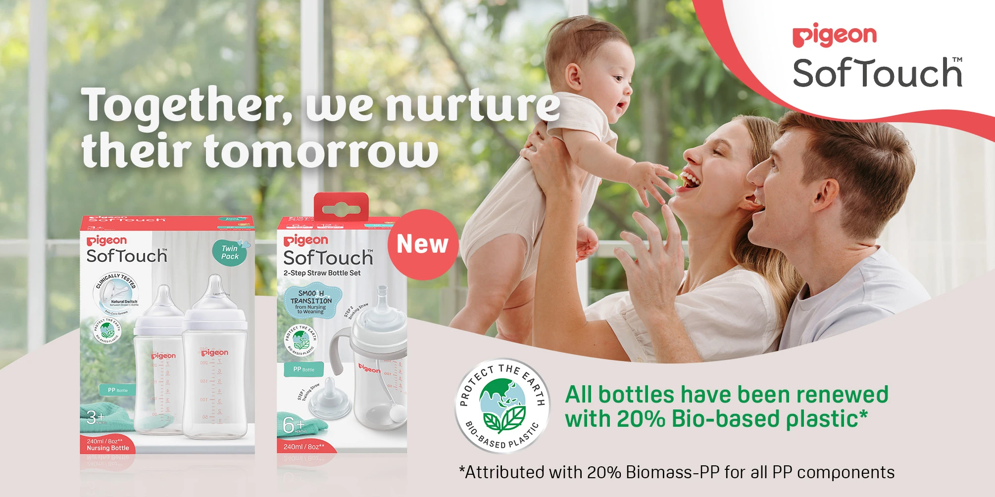Family enjoying playful moment with baby alongside Pigeon SofTouch baby bottles made with eco-friendly bio-based plastic