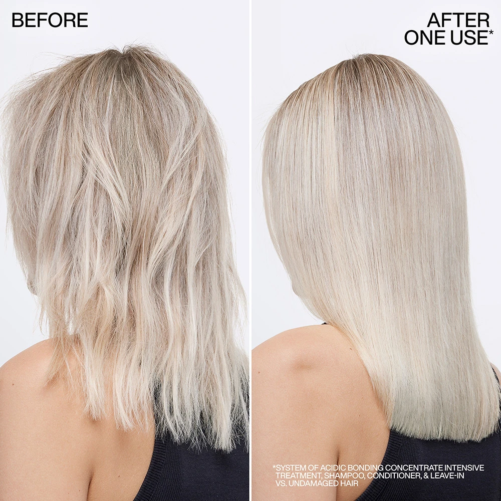 Before and after comparison showing platinum blonde hair transformation, with improved smoothness and shine after one treatment application