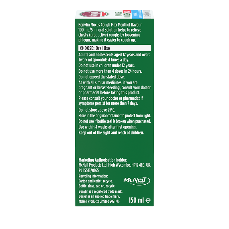 Benylin® Mucus Cough Max Menthol Flavour 100 mg/5 ml Oral Solution 150ml - left side shot