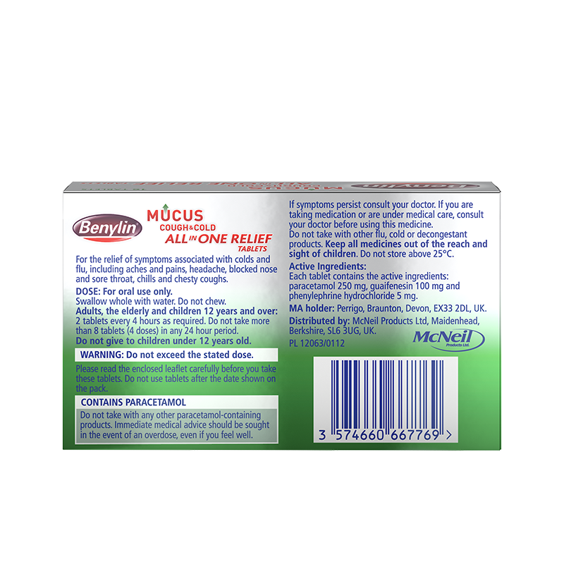 Benylin® Mucus Cough & Cold All in One Relief Tablets 16s - back shot