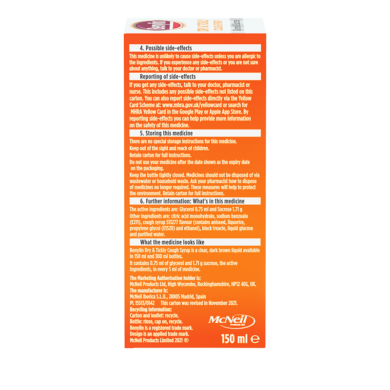 Benylin® Dry & Tickly Cough Syrup 150ml - left side shot