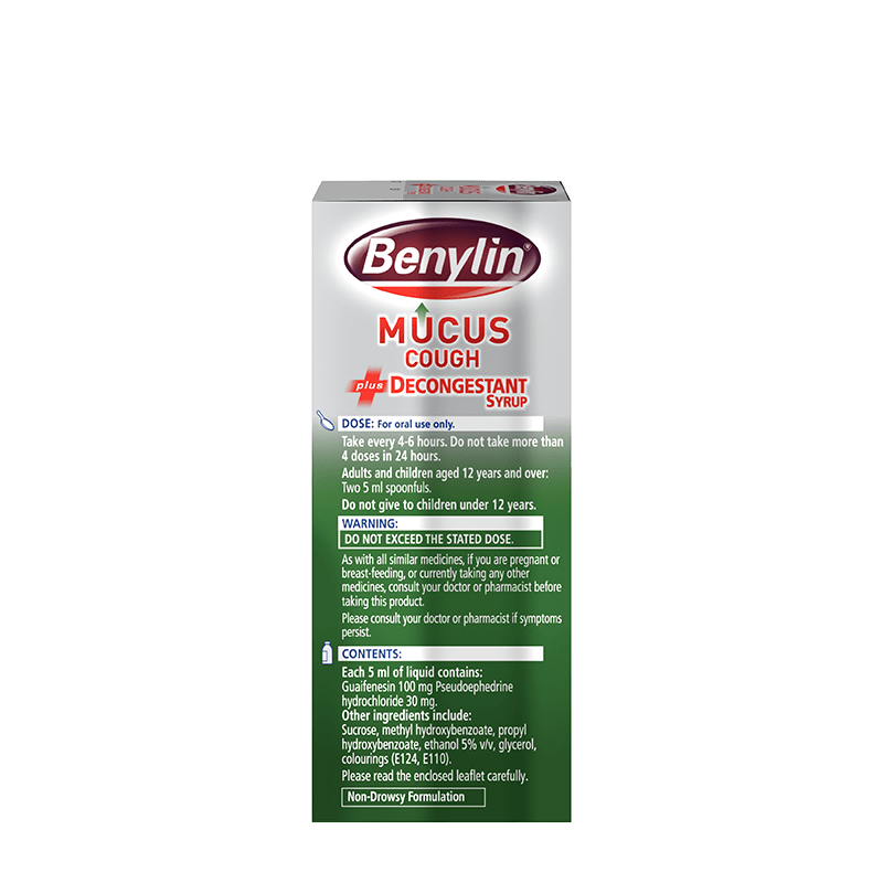 Benylin® Mucus Cough Plus Decongestant Syrup 100ml - left side shot