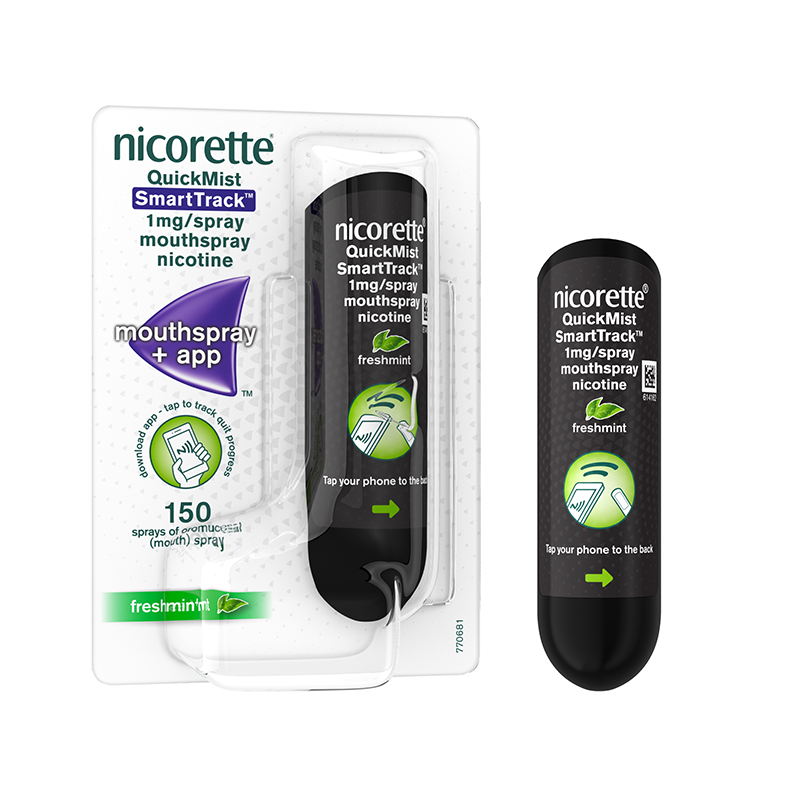 NICORETTE® Quickmist SmartTrack Mouthspray 1mg/spray Single - out of pack shot