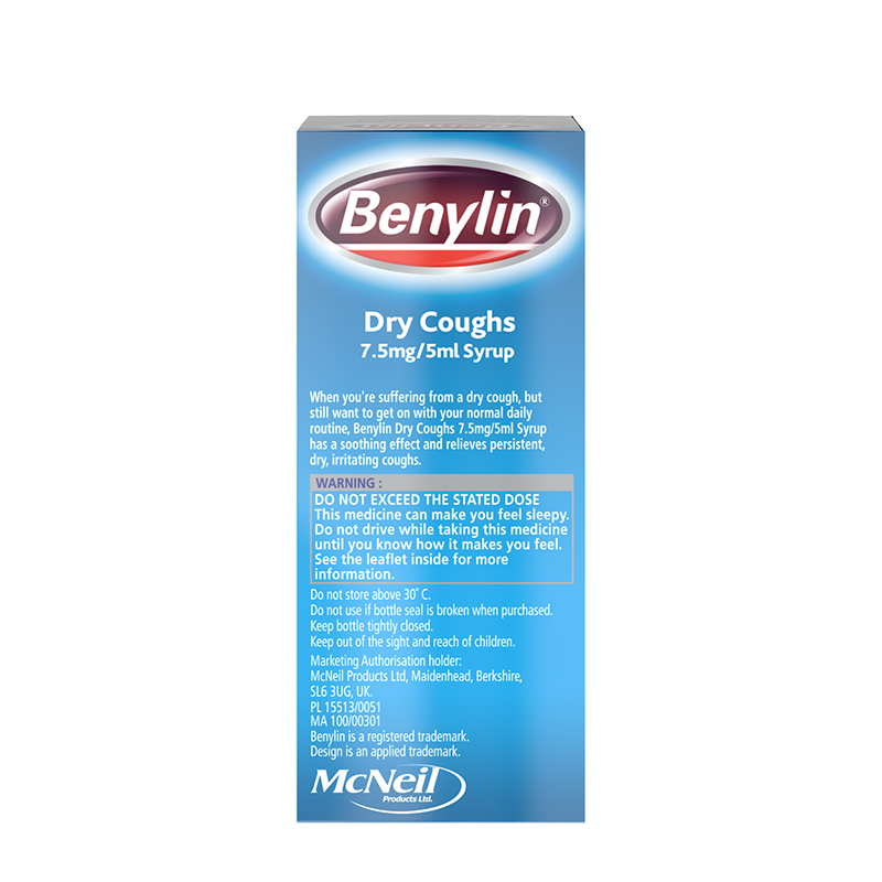 Benylin® Dry Coughs 7.5mg/5ml Syrup 150ml - right side shot