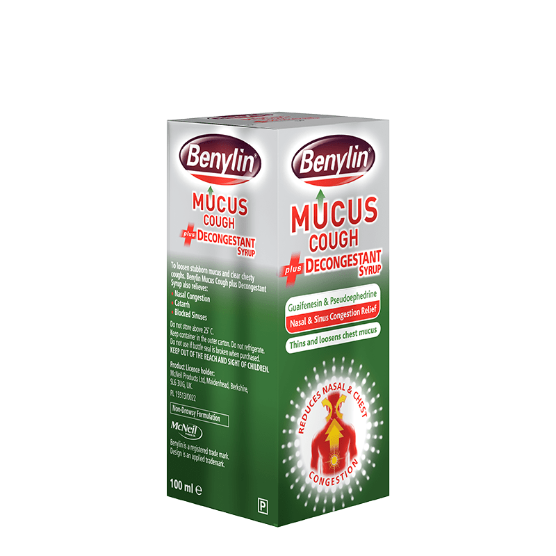 Benylin® Mucus Cough Plus Decongestant Syrup 100ml - angle shot