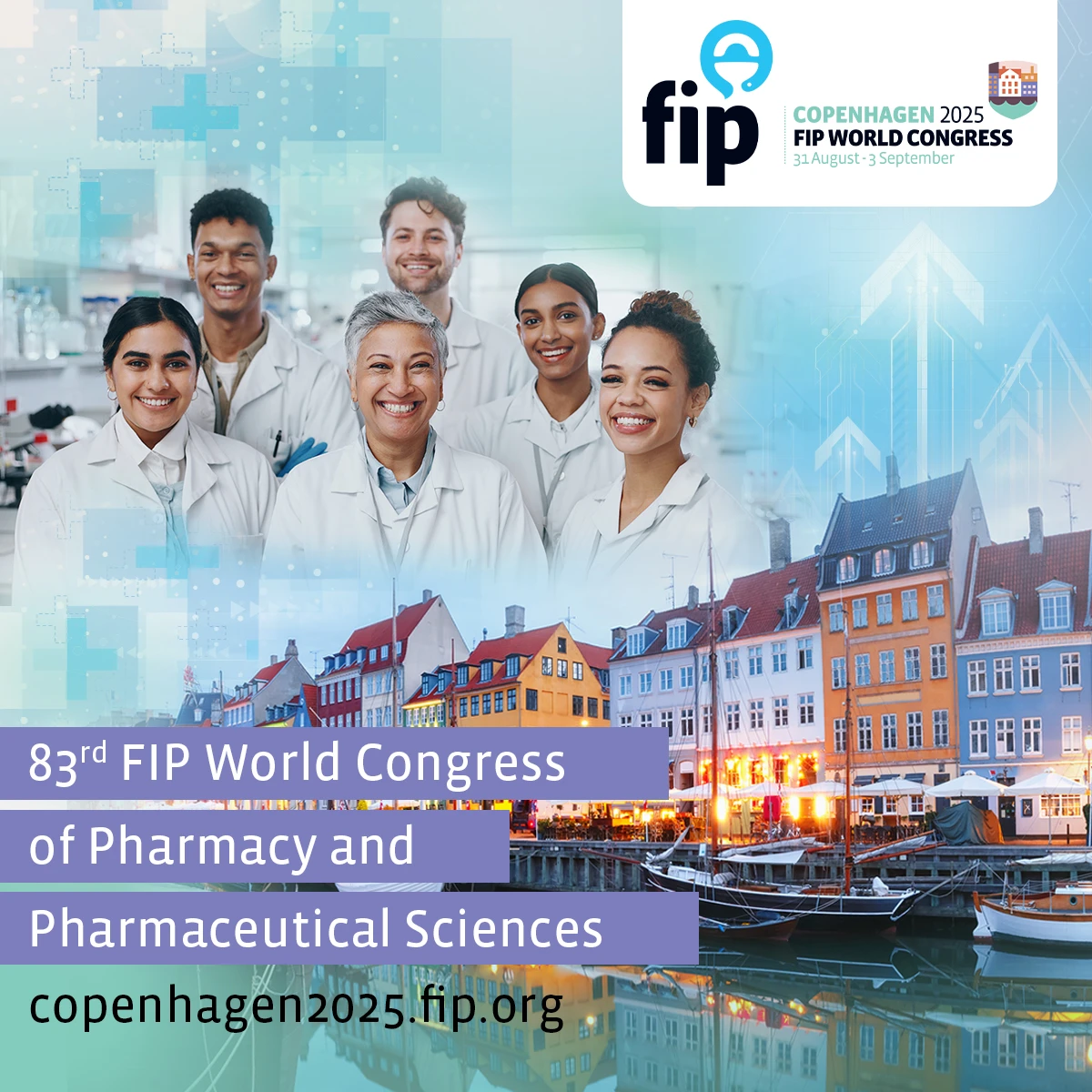 Poster for the 83rd World Congress of Pharmacy and Pharmaceutical Sciences, depicting Copenhagen and a group of professionals in a lab setting.
