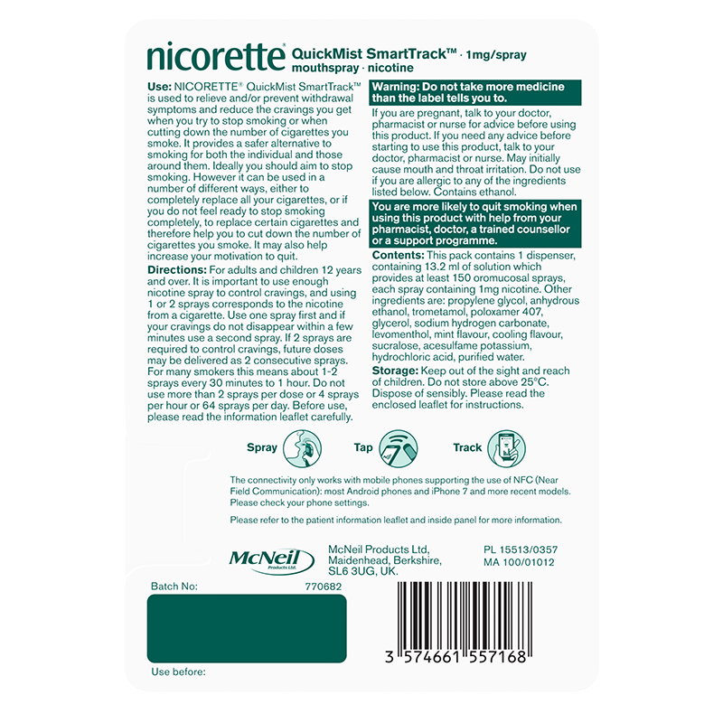 NICORETTE® Quickmist SmartTrack Mouthspray 1mg/spray Single - back shot
