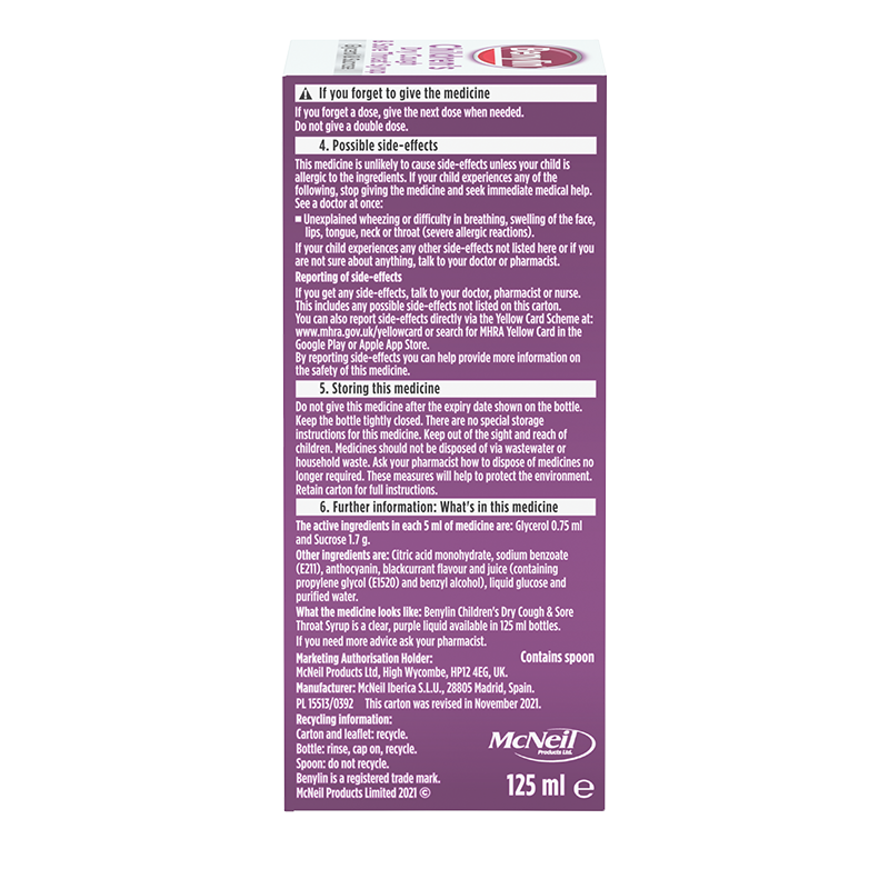 Benylin® Children's Dry Cough & Sore Throat Syrup 1+ Year 125ml - right side shot