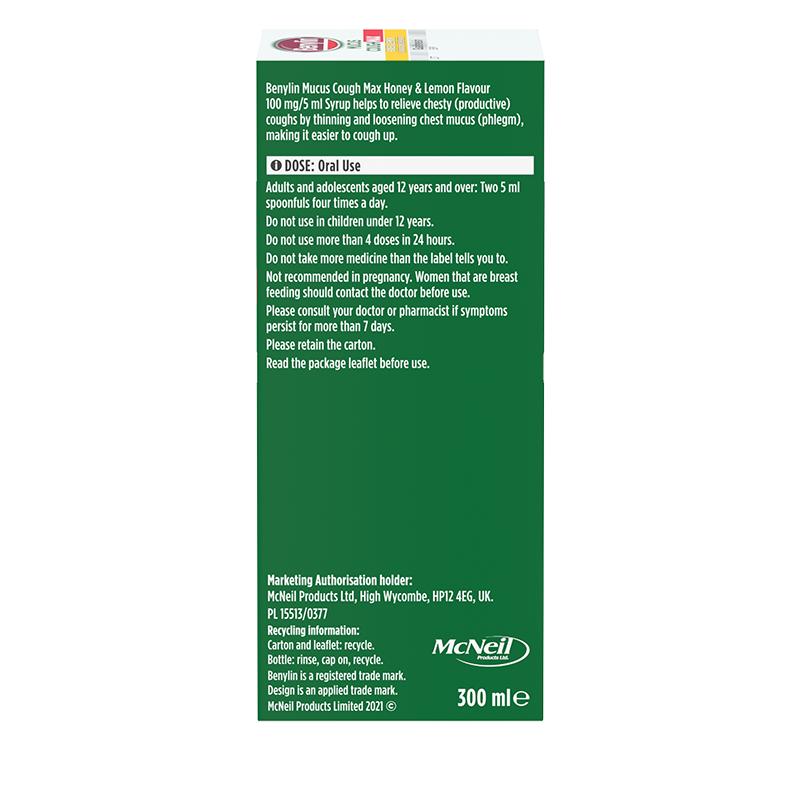 Benylin® Mucus Cough Max Honey & Lemon Flavour 100 mg/5 ml Syrup 300ml - left side shot