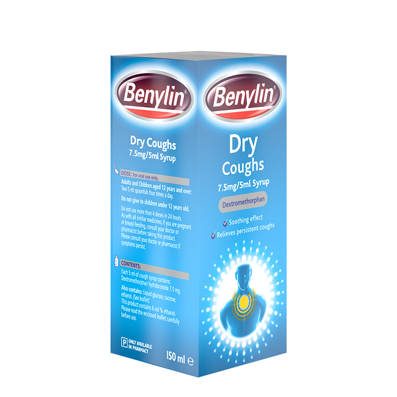 Benylin® Dry Coughs 7.5mg/5ml Syrup 150ml - angle shot