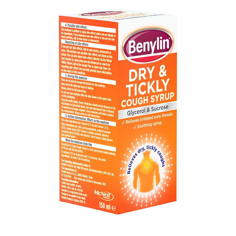 Benylin® Dry & Tickly Cough Syrup 150ml - angle shot