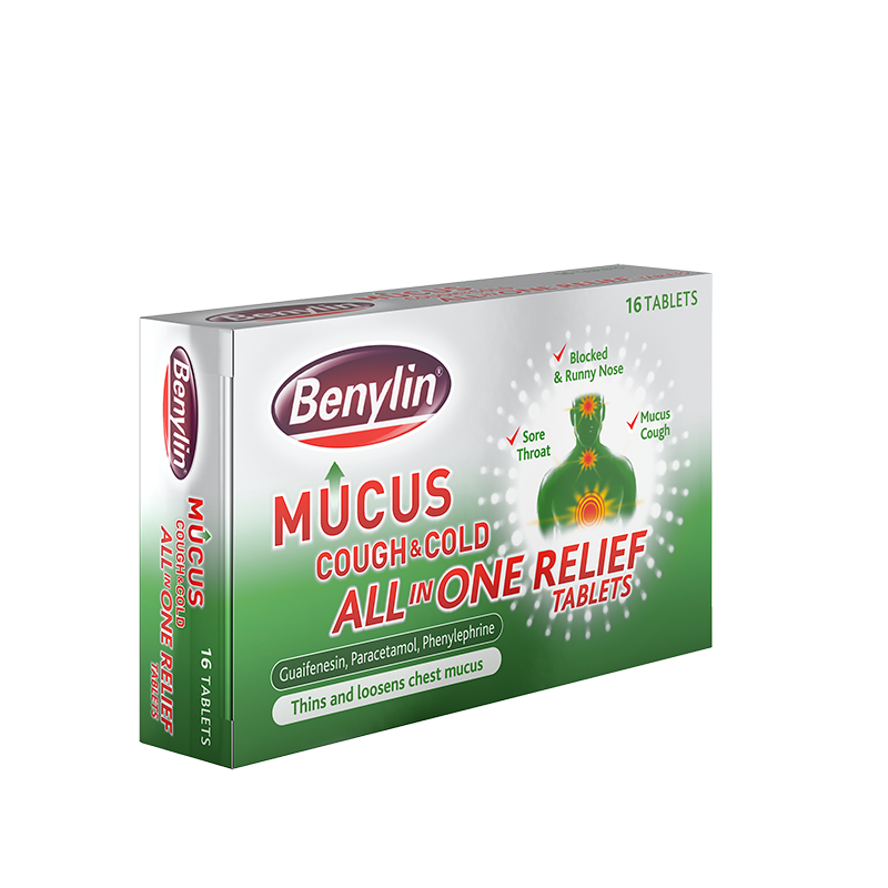 Benylin® Mucus Cough & Cold All in One Relief Tablets 16s - angle shot