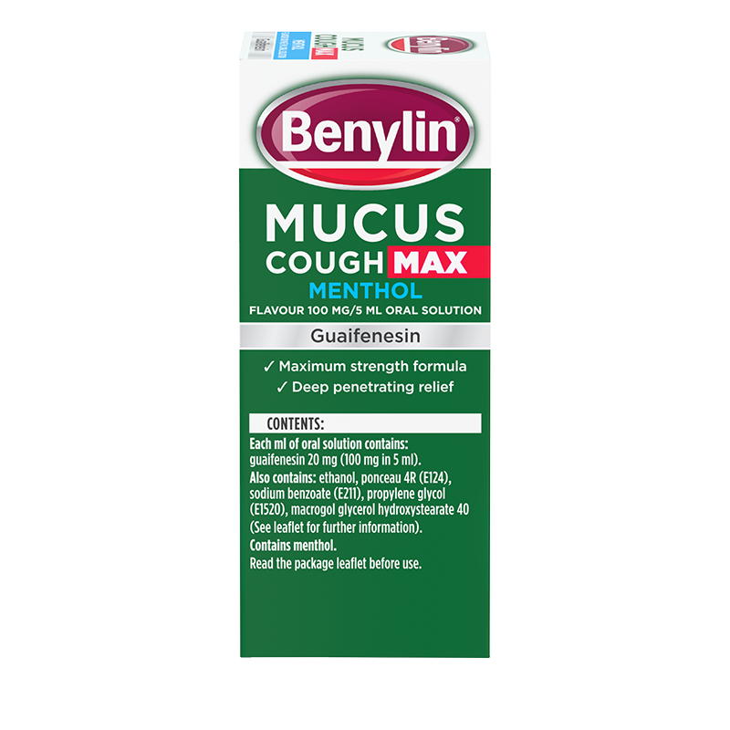Benylin® Mucus Cough Max Menthol Flavour 100 mg/5 ml Oral Solution 150ml - right side shot