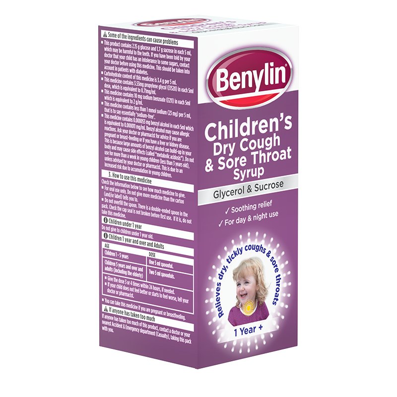 Benylin® Children's Dry Cough & Sore Throat Syrup 1+ Year 125ml - angle shot