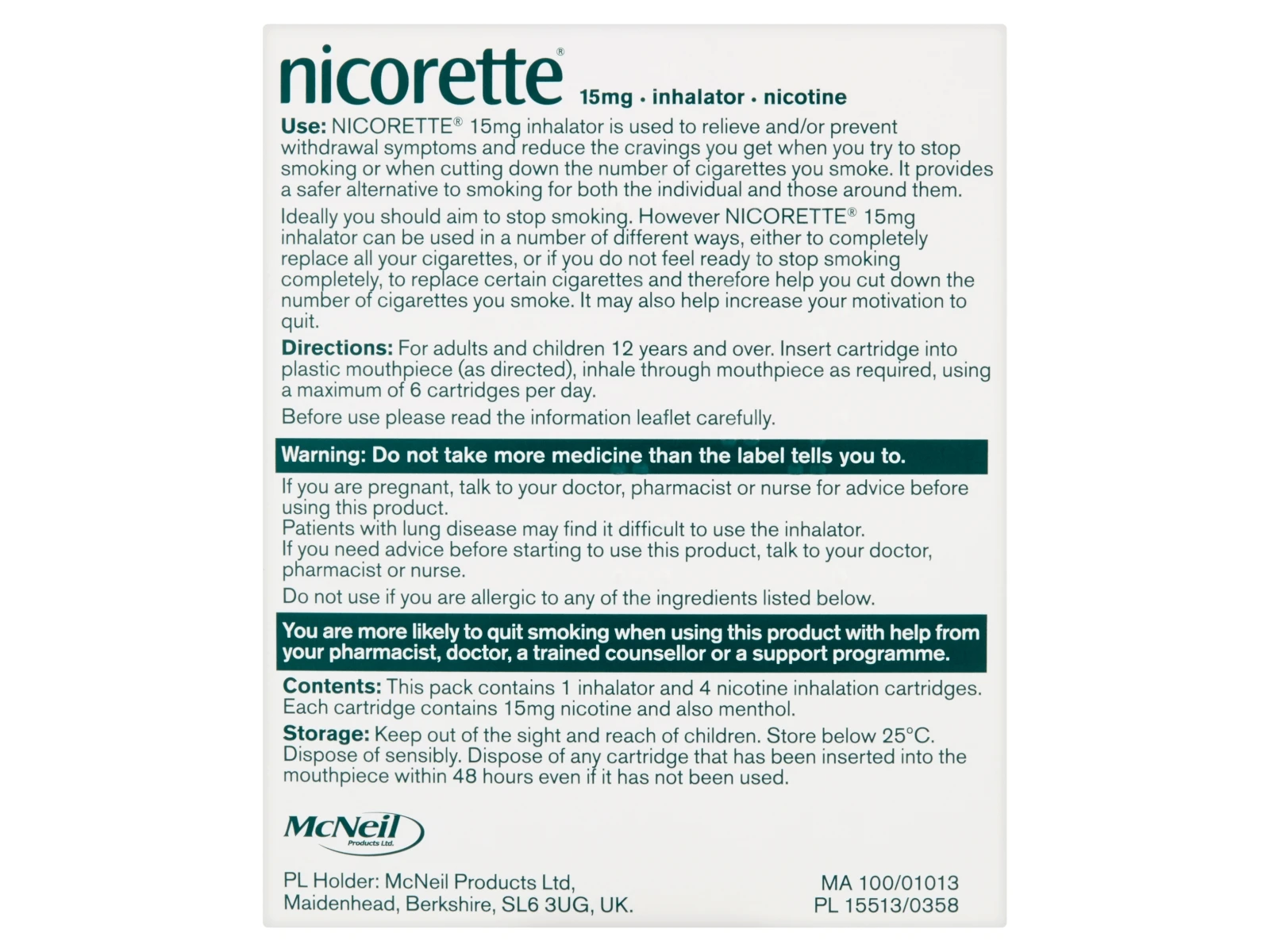 Nicorette Inhalator Back of Pack