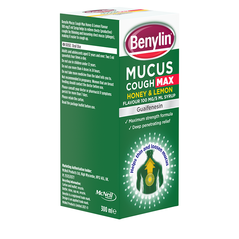Benylin® Mucus Cough Max Honey & Lemon Flavour 100 mg/5 ml Syrup 300ml - angle shot