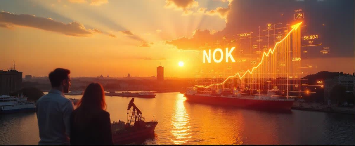 Sunny Oslo skyline, glowing NOK charts, golden beams from oil