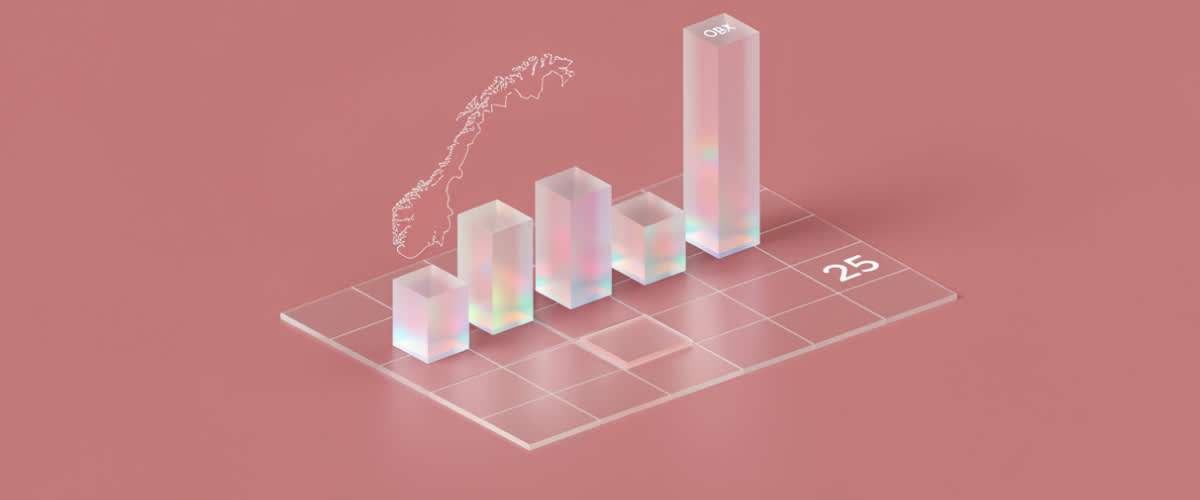 Minimalist Scandinavian illustration of OBX 25 with geometric blocks, Norway outline.