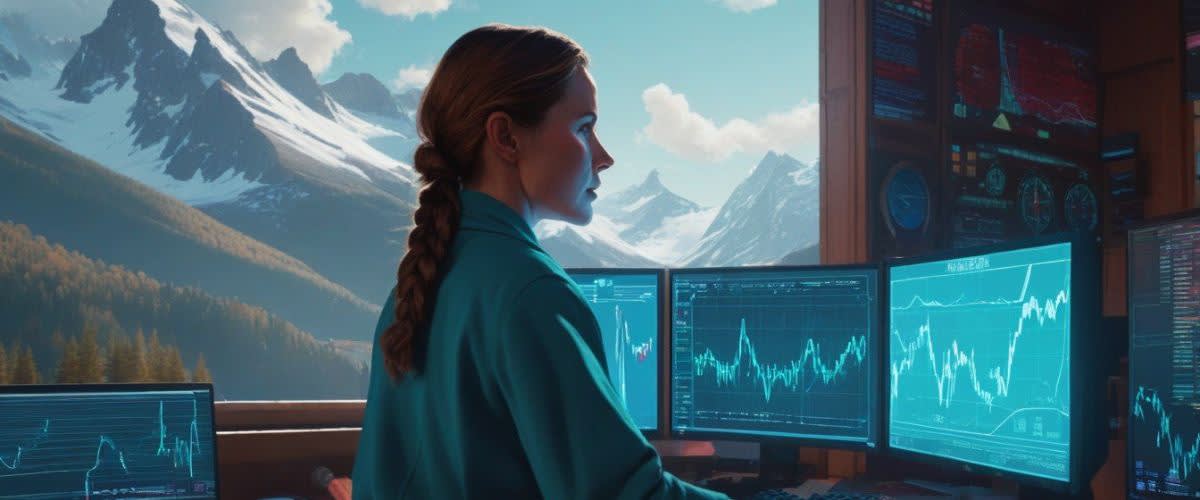 CFD trading platform: A woman sits before three computer screens with mountains in the background, using a Skilling CFD trading platform.