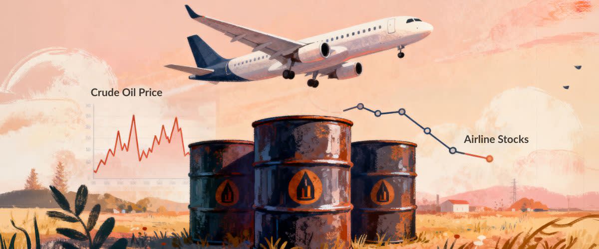 Aeroplane flying above oil barrels with financial data overlay, crude price spikes, airline stock drops