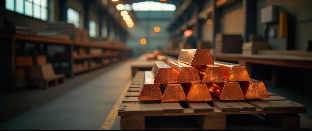 Copper bars in a factory, with moody lighting, in a store room.
