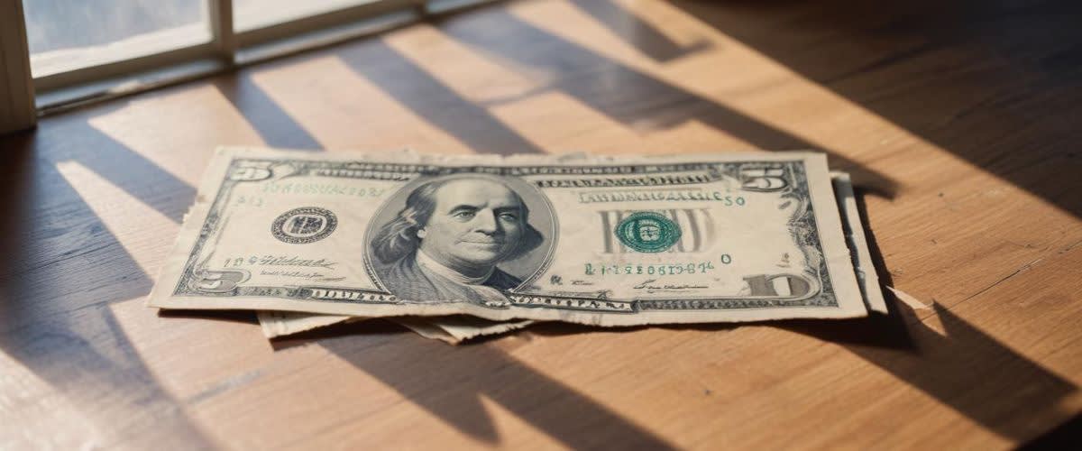 USD: A worn US Dollar bill on a wooden table. 