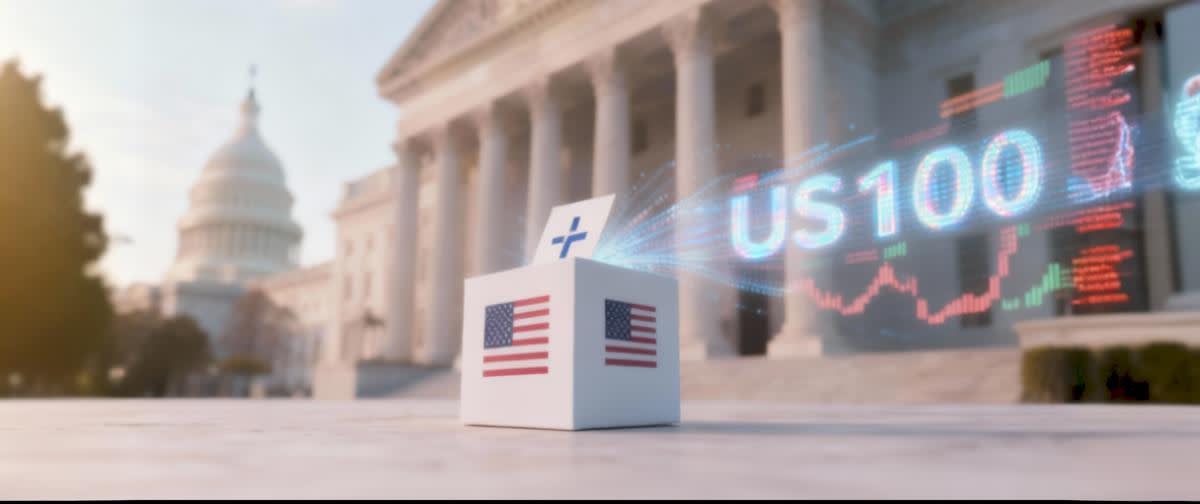 U.S. ballot box and Capitol building with US100 digital waves