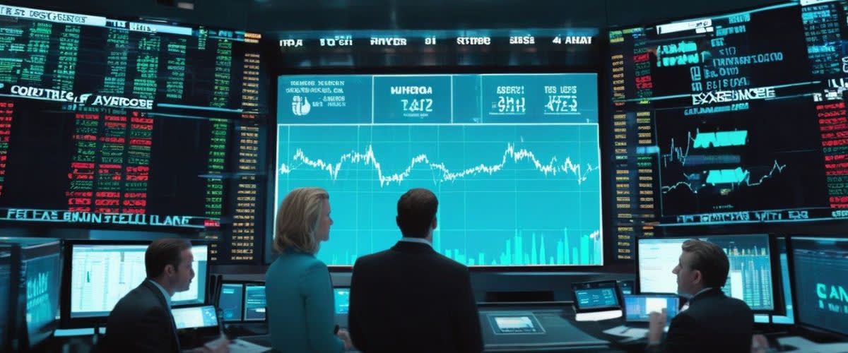 RSI Relative Strength Index: Stock market traders analyzing charts and data in a trading room, utilizing the RSI (Relative Strength Index).