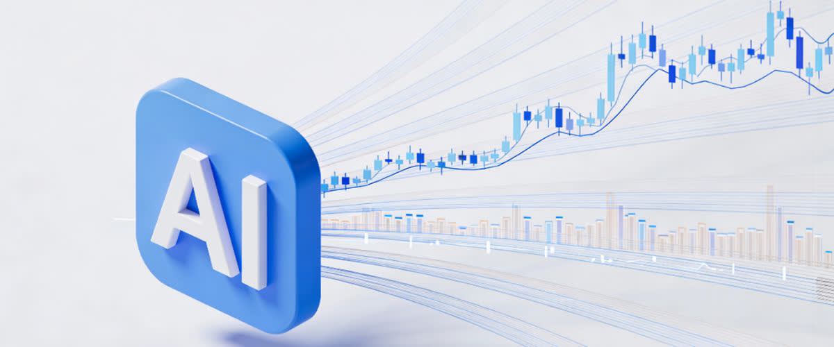 Minimal illustration of AI shaping markets through data flows, charts, and liquidity lines.