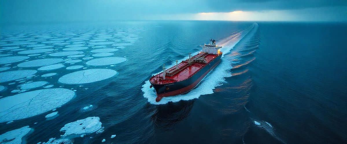 An oil tanker in the icy Baltic Sea under stormy skies, stressing Nordic market geopolitical risks.