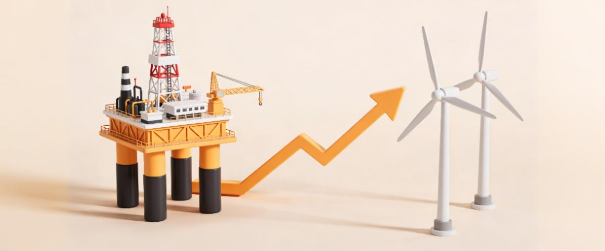 Clean illustration of energy transition from oil to renewables with smooth market trend lines.