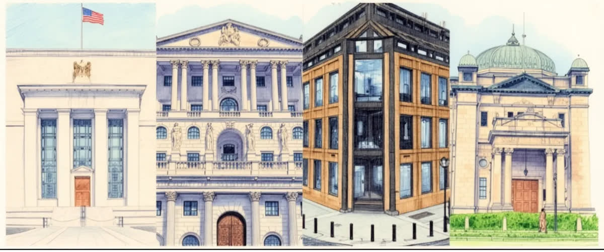 4-panel image of Fed, BoE, Norges Bank, BoJ facades in bright, clean infographic style