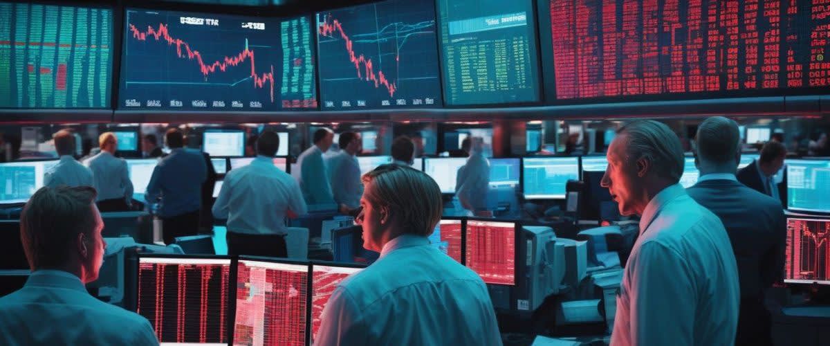 Martingale trading strategy: Stock market traders on a bustling trading floor, implementing the Martingale trading strategy.