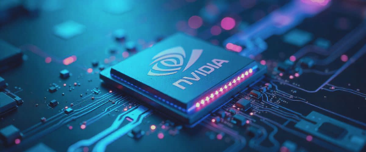 NVIDIA chip glows at center, symbolizing AI dominance, rapid growth, and market leadership.