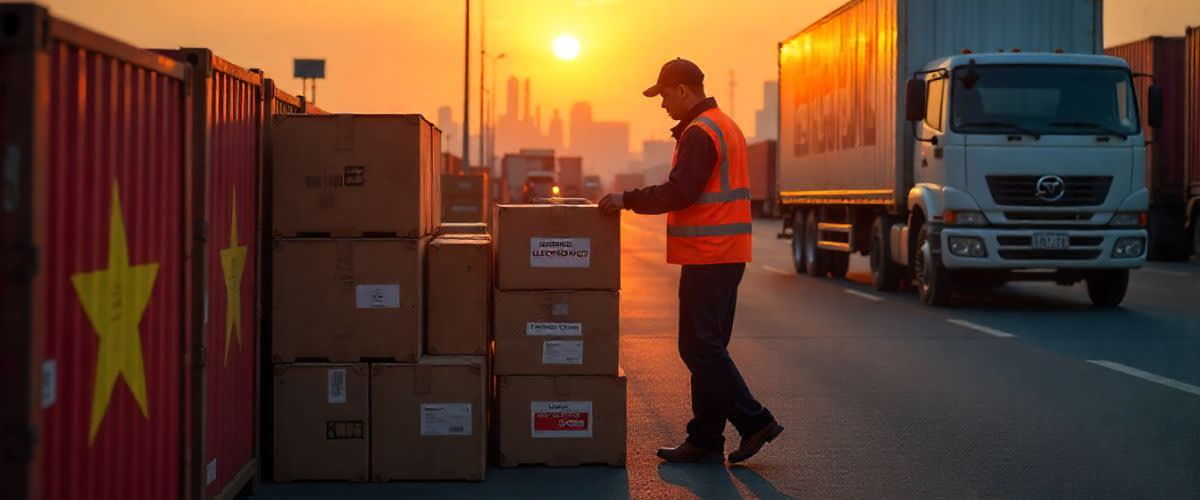 Vietnam port at sunset with flagged crates, customs checks, and signs of shifting trade routes.