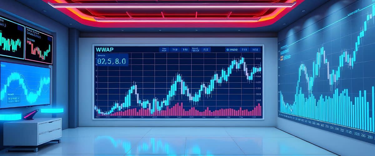 Skrin besar memaparkan carta pasaran saham, termasuk penunjuk VWAP untuk analisis.