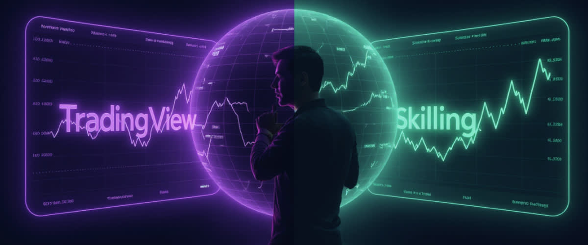 Trader in center with holographic charts, purple TradingView left, green Skilling right, unified sphere