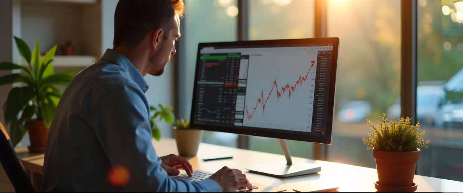 Man analyzes DAX & OMX volatility on PC for CFD strategies.
