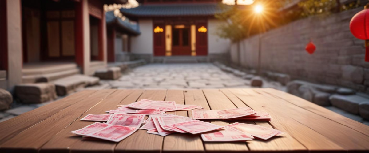 Chinese currency scattered on a wooden table, a traditional courtyard with red lanterns